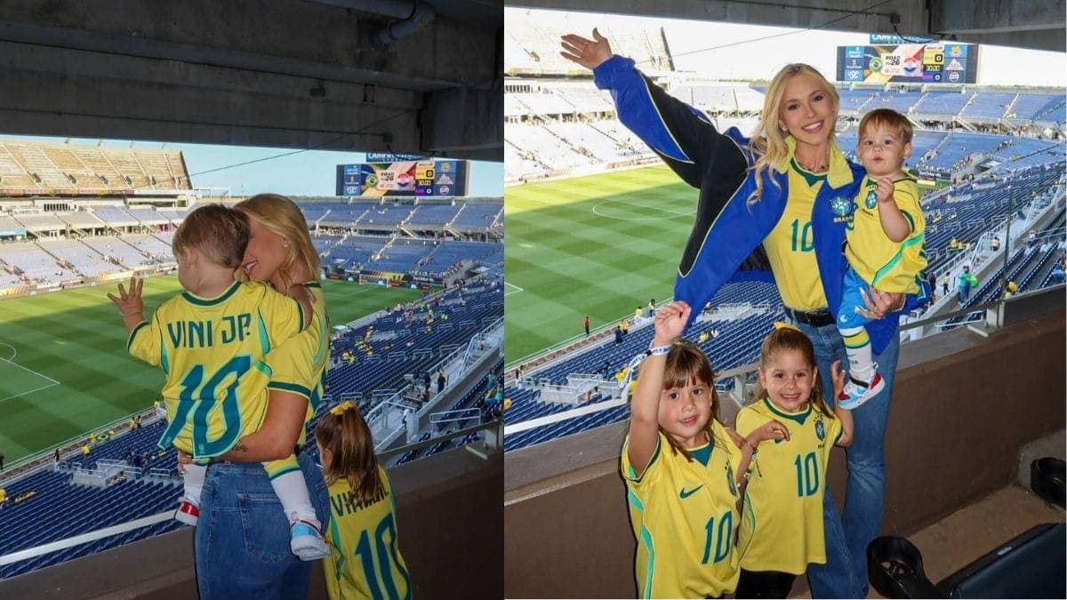 Virginia com os filhos em jogo do Brasil