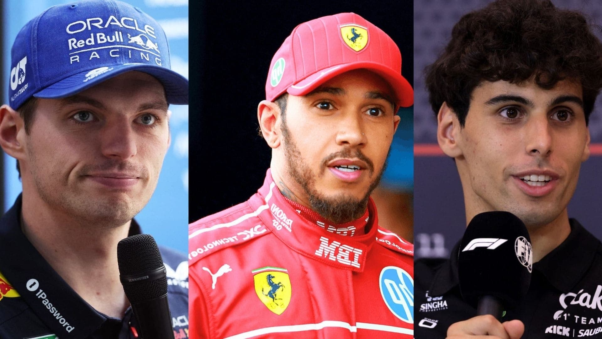 Pilotos de fórmula 1: Max Verstappen, Lewis Hamilton e Gabriel Bortoleto