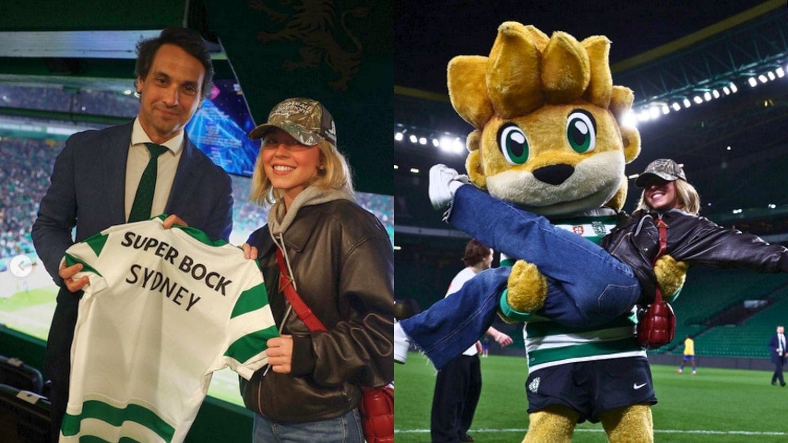 Sydney Sweeney brincou com mascote do Sporting e ganhou camisa do clube português