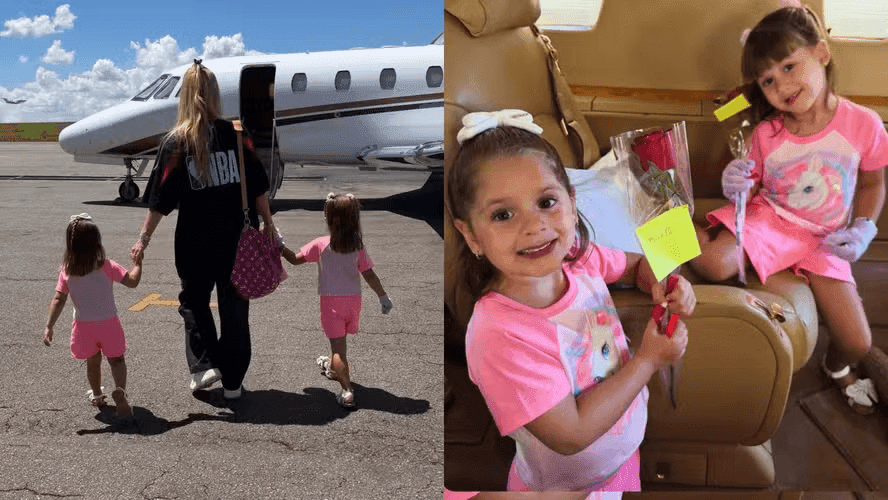 Virginia viaja em jatinho do ex, Zé Felipe, e mostra presente do cantor para as filhas