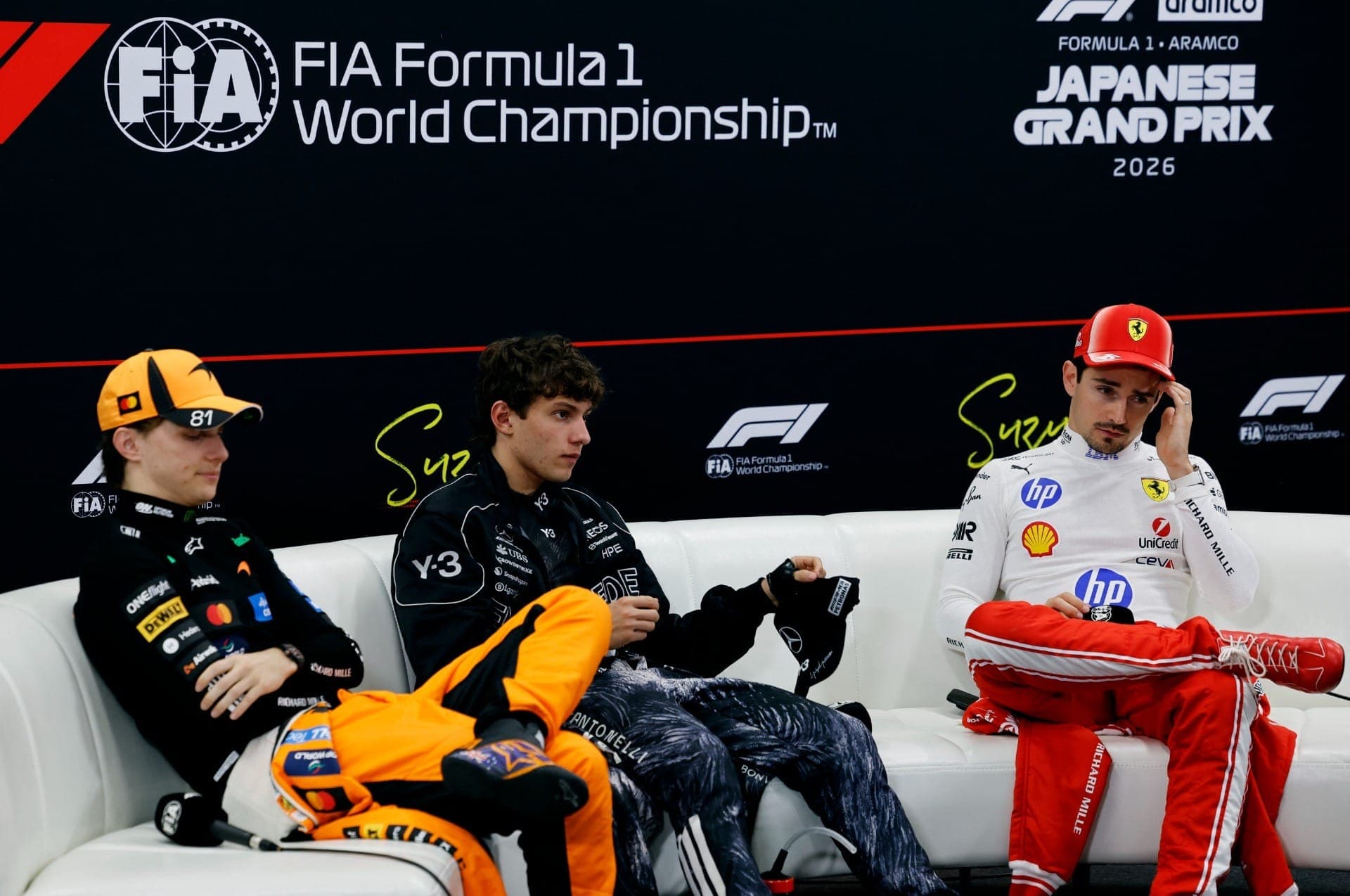 Coletiva após o GP do Japão com Piastri, Antonelli e Leclerc