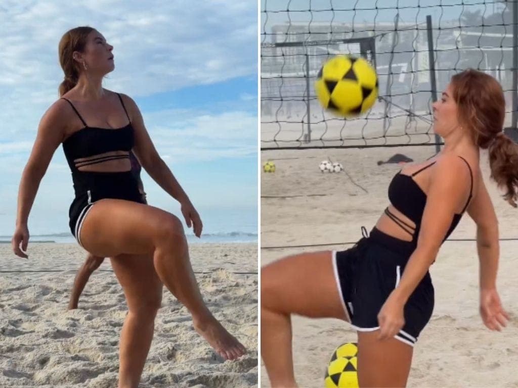 Paolla Oliveira joga futvôlei na praia