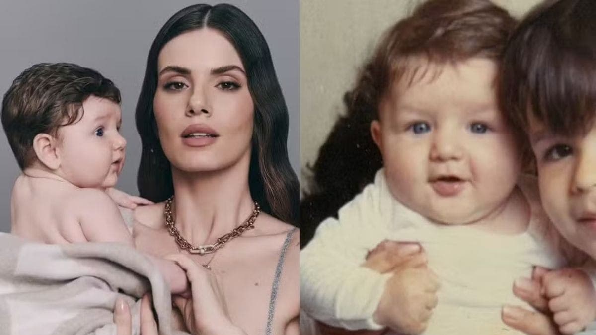 Camila Queiroz com a filha, Clara (esq) e Klebber Toledo bebê (dir)