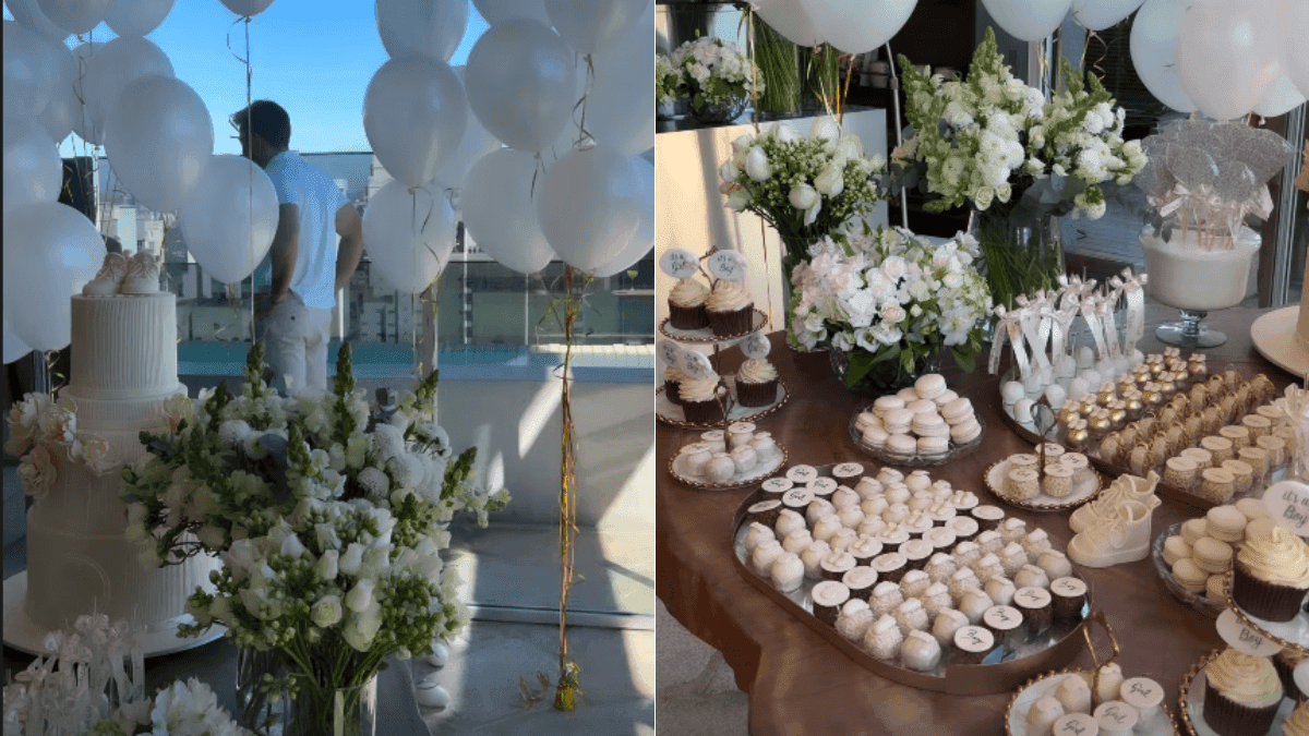 Decoração minimalista com rosas brancas e docinhos em tons neutros