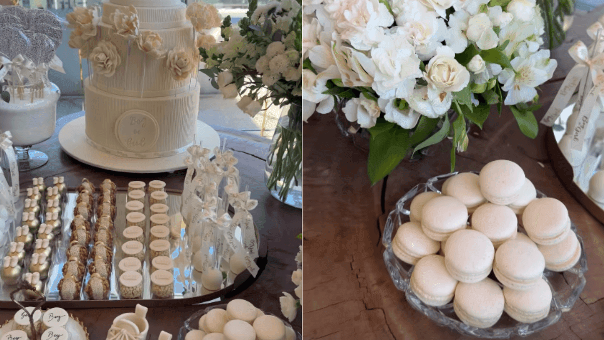 O casal optou por brigadeiros diferenciados, bolo de três andares e macarons