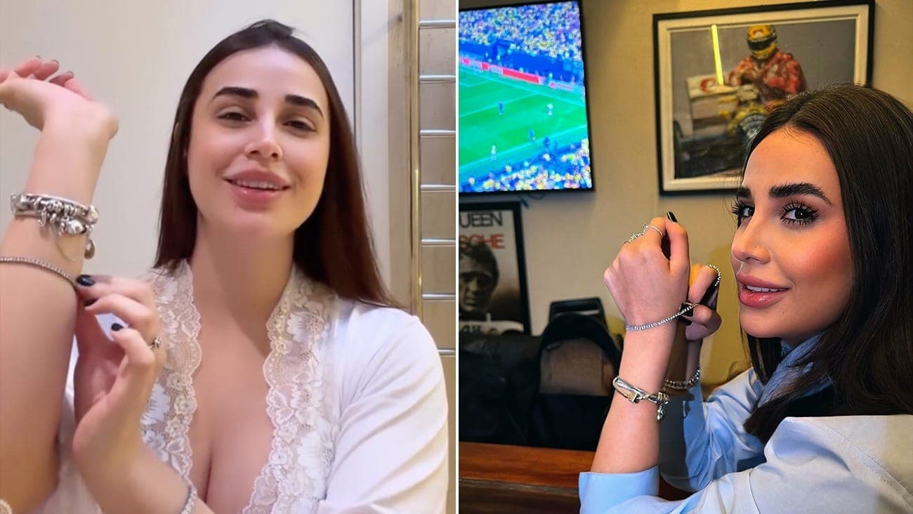 Bruna Pinheiro com pulseira dada por jogador