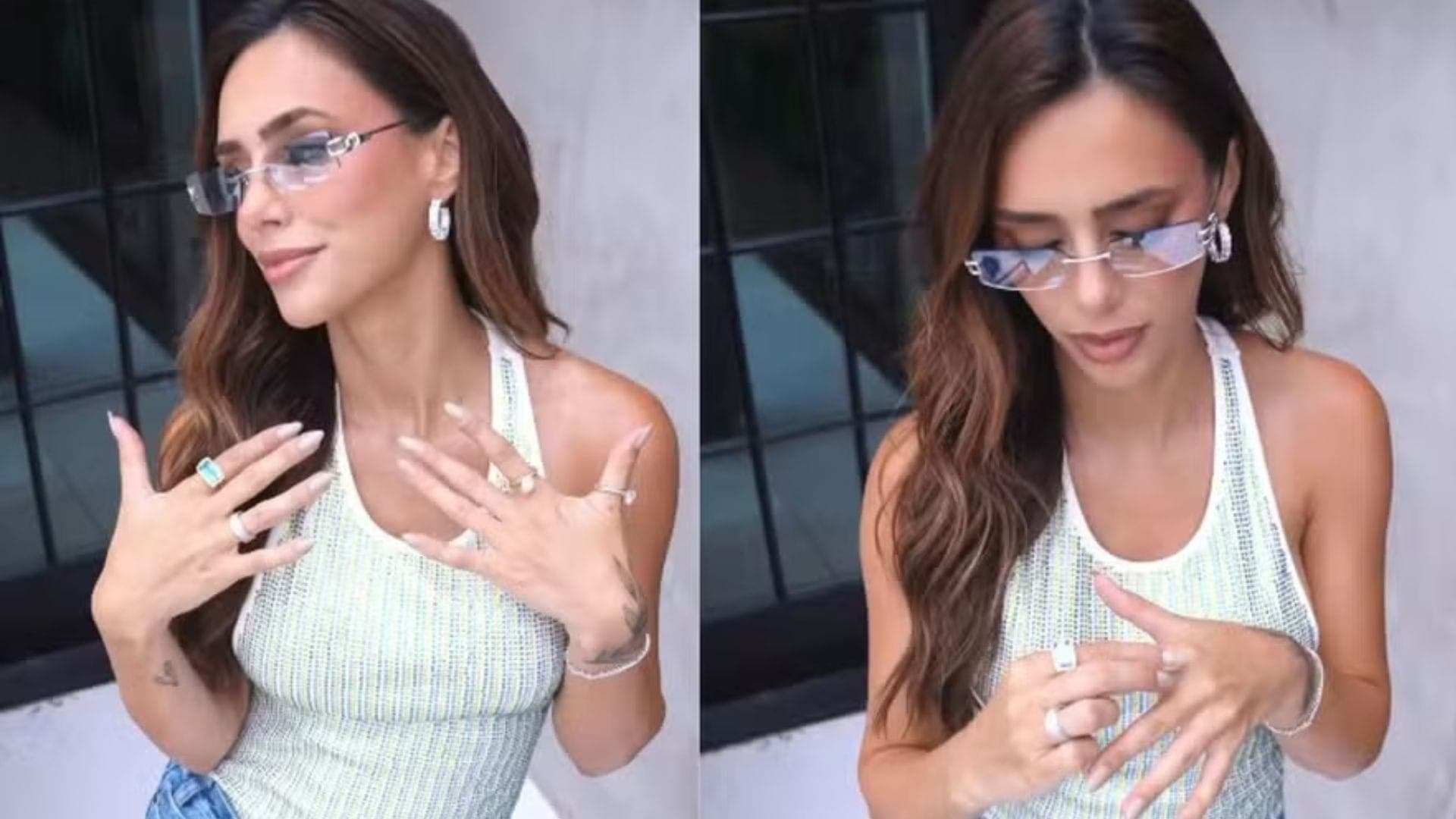 Bruna Biancardi escolheu um look mais basiquinho: calça jeans e regata branca com strass verde e amarelo, além de uma clutch azul marinho
