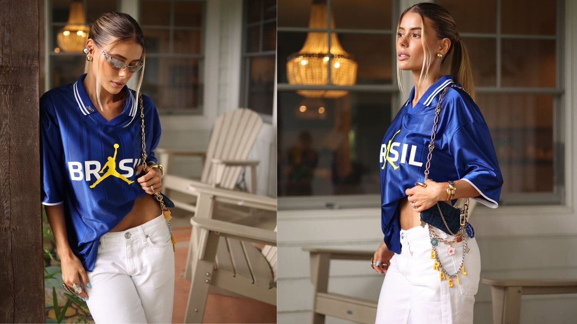 Casada com Marquinhos desde 2016, Carol Cabrino combinou uma calça branca com outra colaboração da Jordan com as cores brasileiras