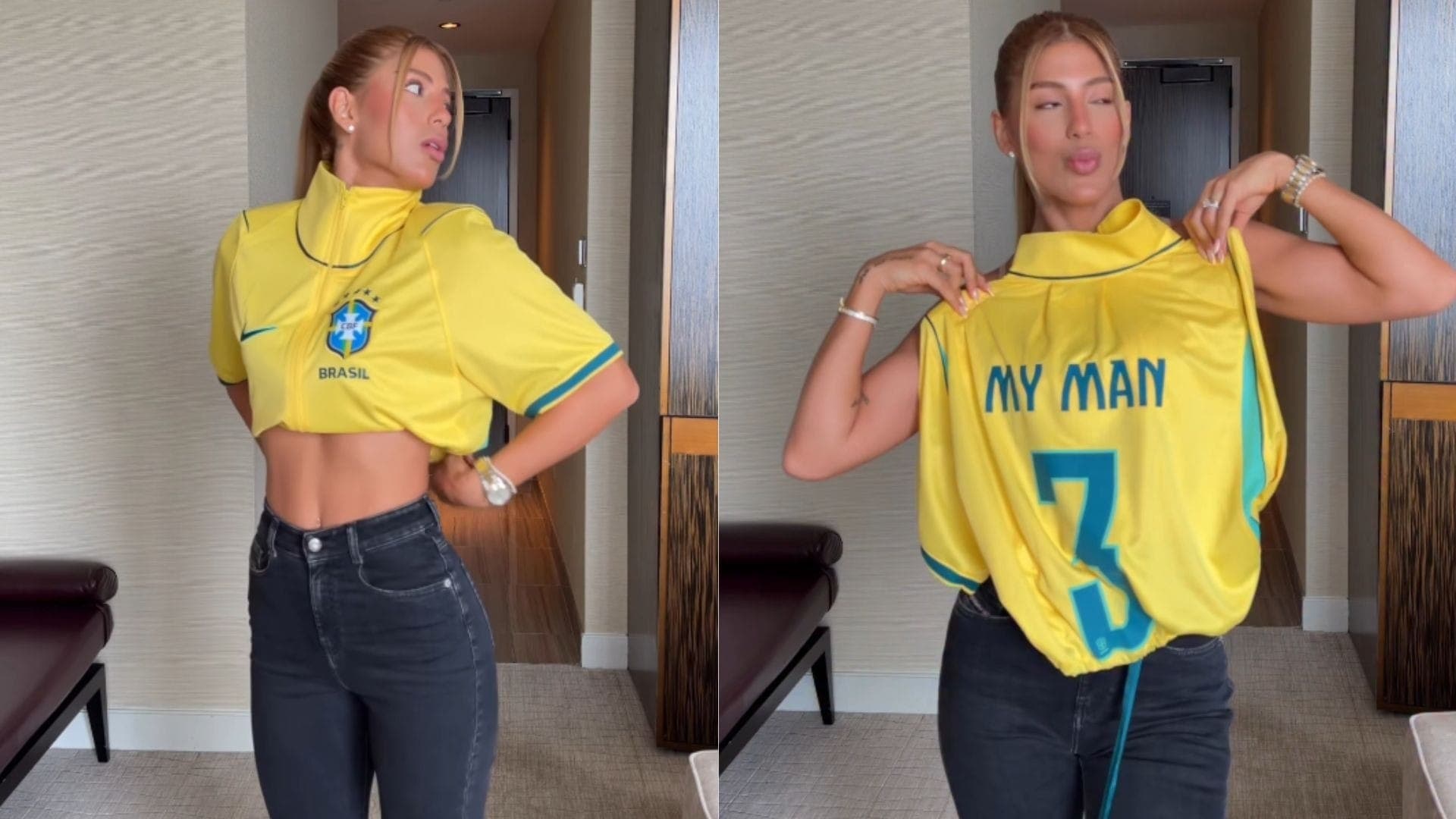 Gabrielle Figueiredo, esposa de Gabriel Magalhães, apostou em uma blusa verde e amarela com a frase "Meu homem", em inglês bordada
