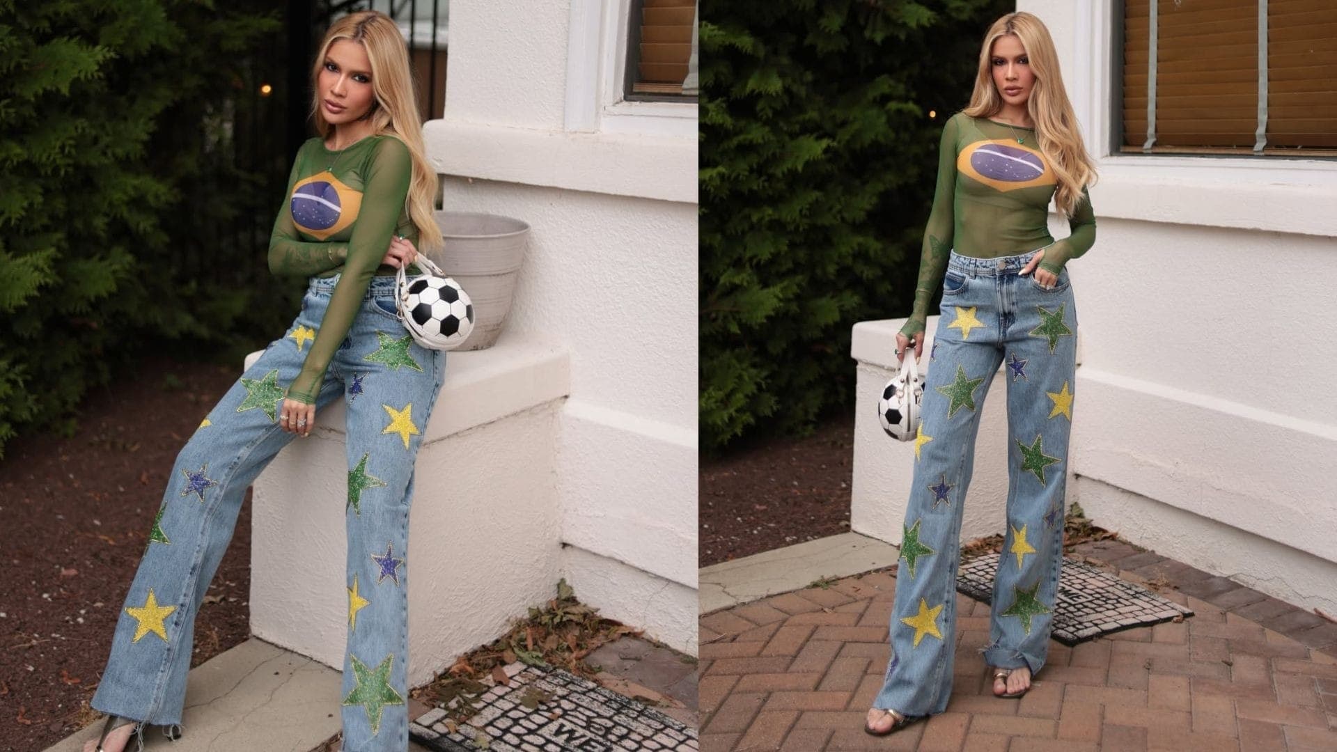 Karoline Lima, namorada de Leo Pereira, escolheu uma blusa com trasparência e um jeans com estrelas nas cores da bandeira brasileira