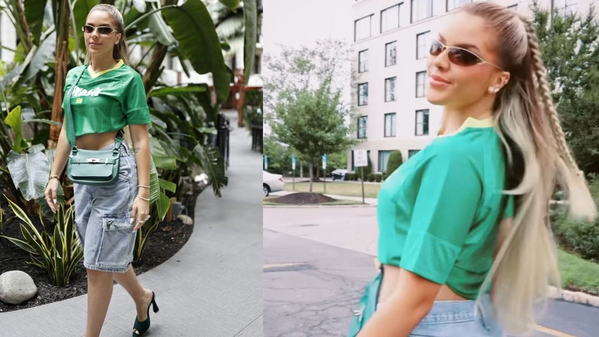 Letícia Carvalho, esposa de Igor Thiago, usou uma blusa verde com bermudas jeans e tranças nos cabelos loiros
