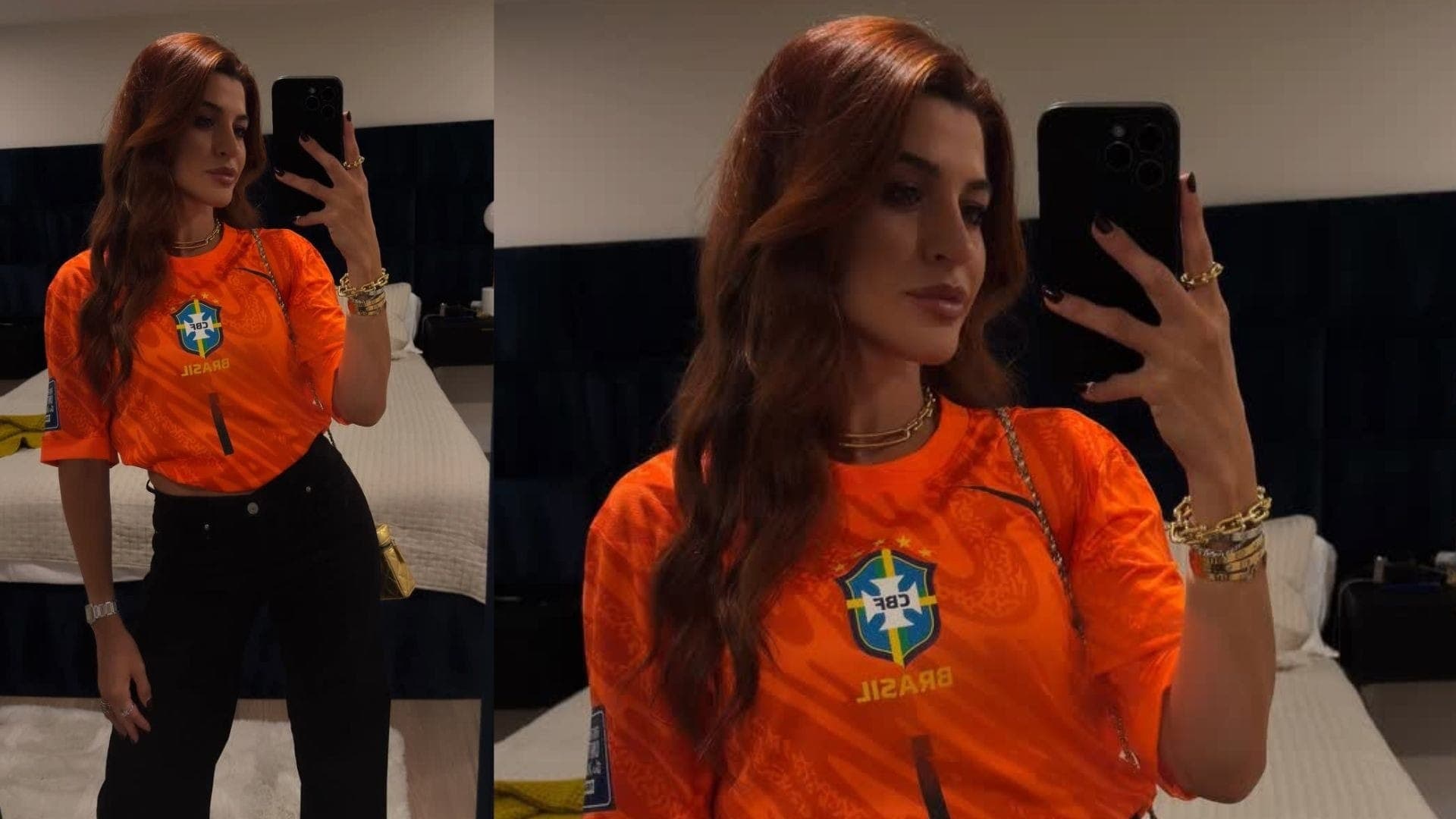 Natália Becker, esposa do goleiro Alisson, usou a camisa laranja neon do marido com calças jeans escuras