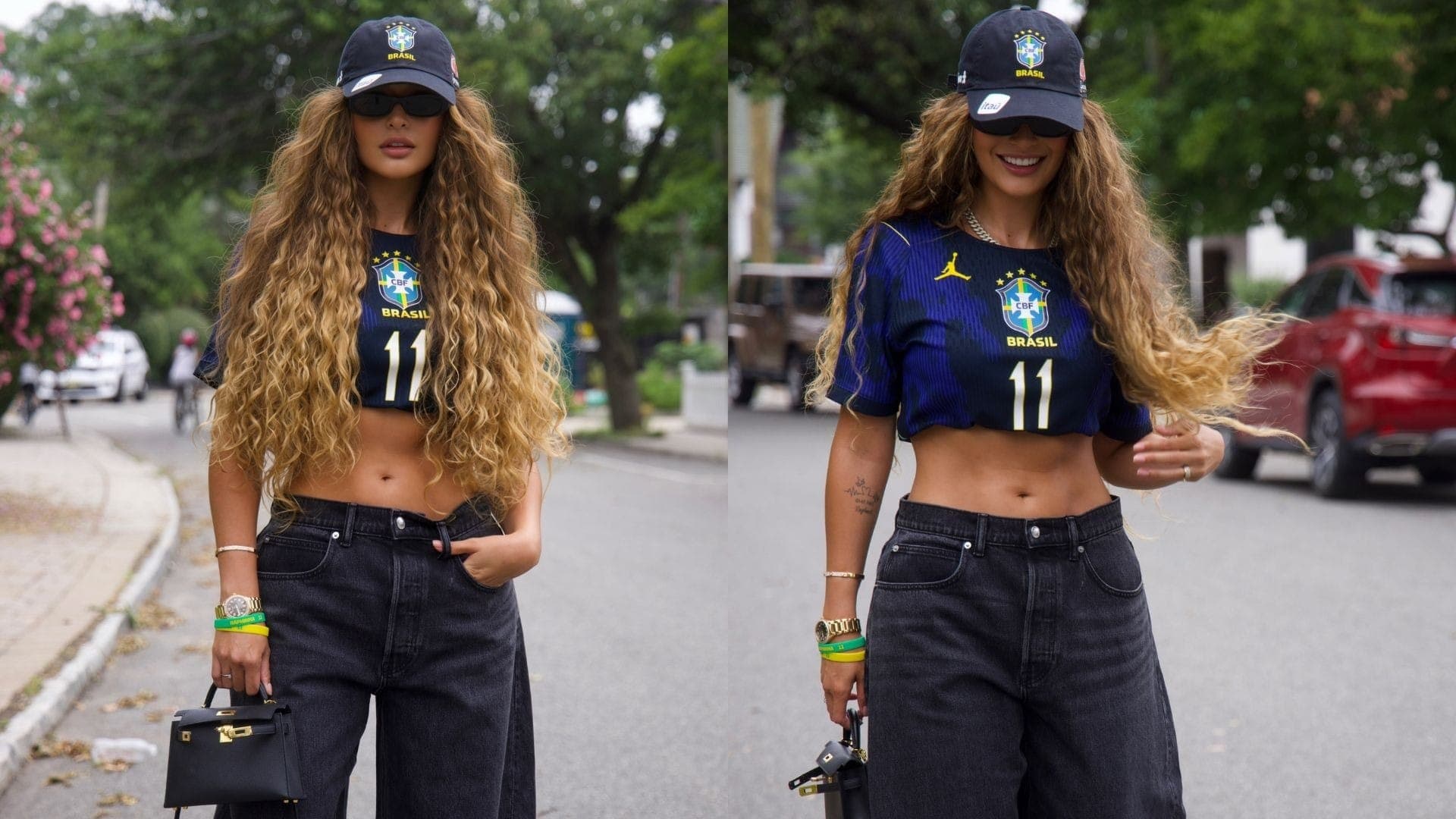 Natalia Belloli, esposa do Raphinha, apostou na camisa azul da seleção, bone e calça jeans