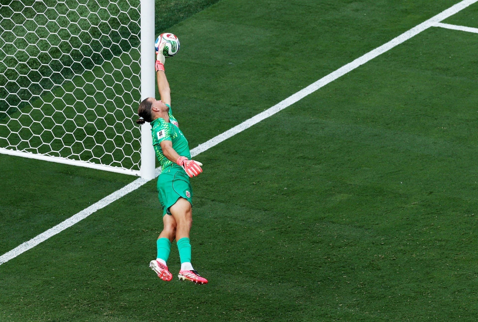 Nyland defende o que seria o primeiro gol do Brasil no jogo