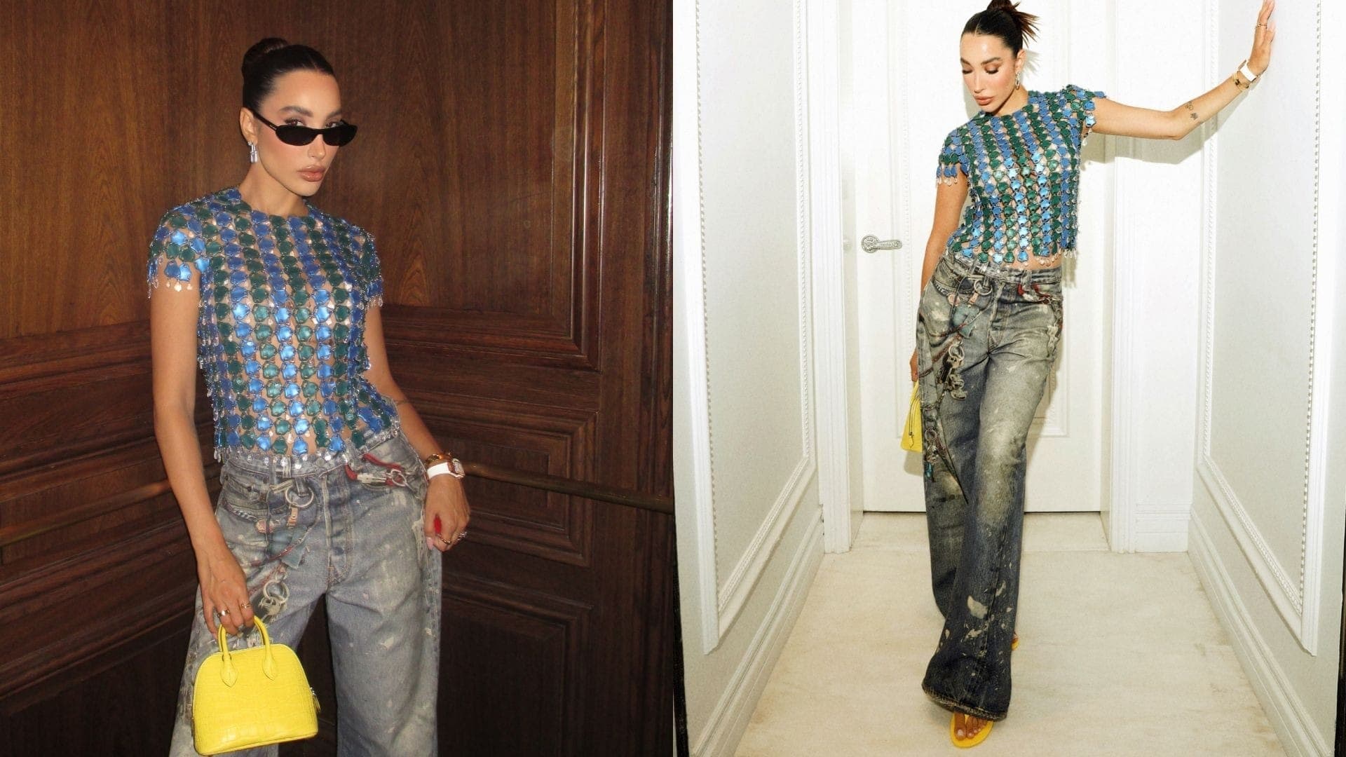 Tammy Parisoto, esposa de Luiz Henrique, apostou em calça jeans e uma blusa de pedraria azul e verde